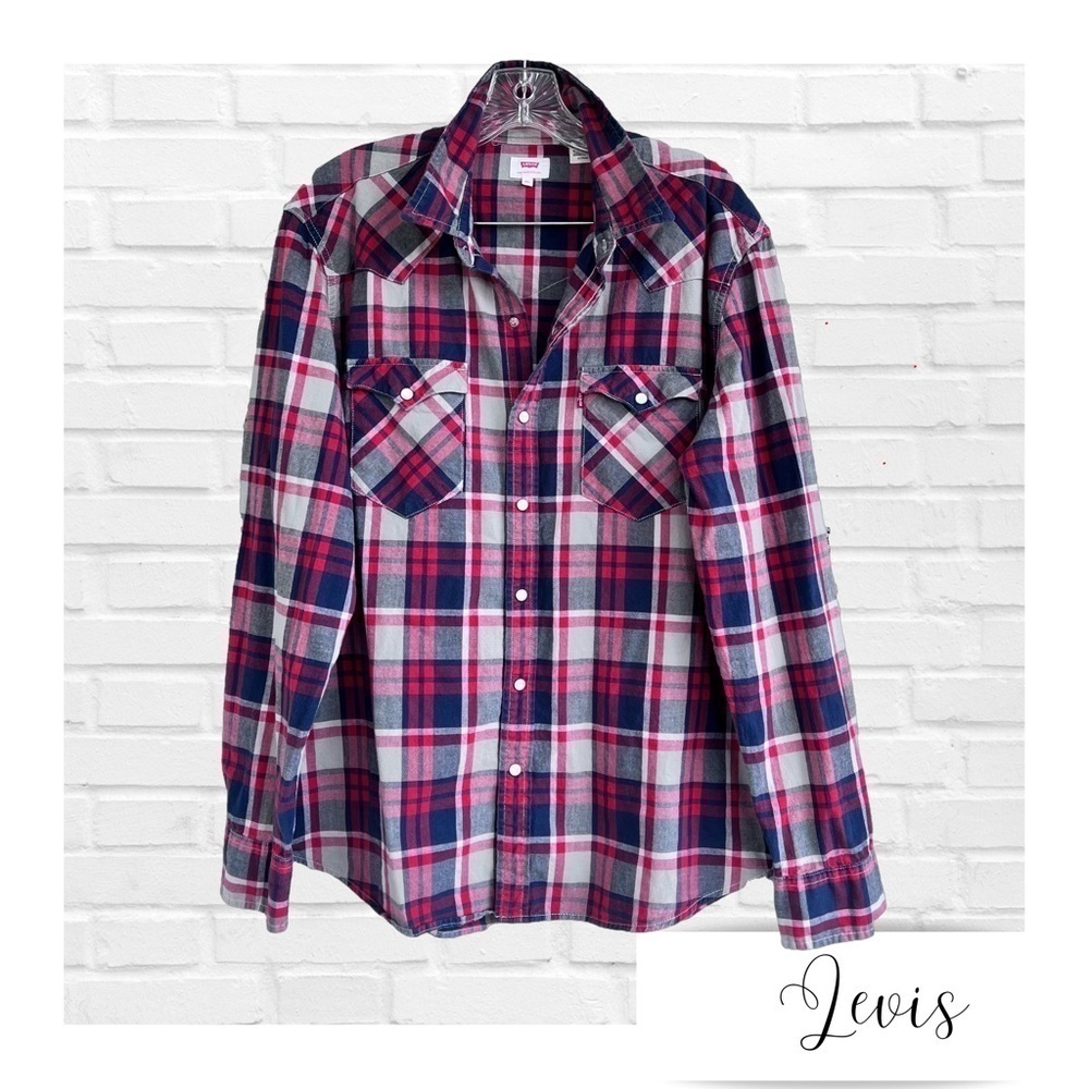 Levi’s Western XL Shirt Plaid Red Blue Pearl Snap Streetwear Grunge Cabincore
